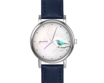 Small watch - Turquoise bird - leather, navy blue