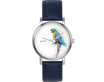 Petite montre - Perroquet turquoise - cuir, bleu marine