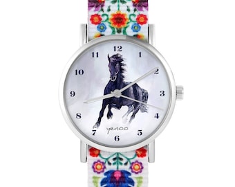 Yenoo watch - Black horse - folk white