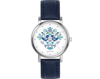 Petite montre - Folk birds, bleu - cuir, bleu marine