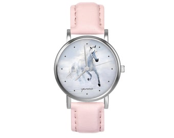 Small watch - White running horse - leather, powder pink
