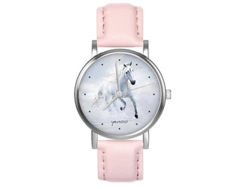 Reloj pequeño - Caballo blanco corriendo - cuero, rosa polvo