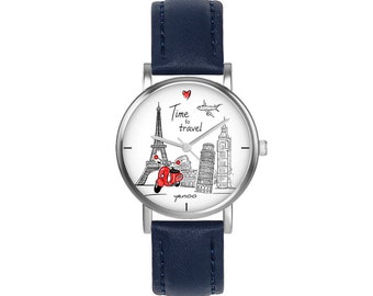 Petite montre - Time to travel - cuir, bleu marine