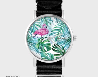 Watch - Flamingo, tropical - black