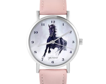 Montre - Cheval noir, chiffres - rose poudré, lilas