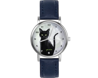 Small watch - Black cat - leather, navy blue