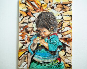 Ritratto unico di bambina, dipinto originale, dipinto etnico , unico esemplare