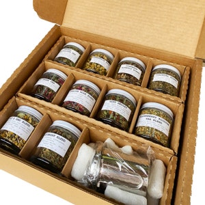 Herbal Tea Gift Set- 10-pack, 10 Sample Sized Jars with Tea Infuser