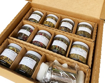 Herbal Tea Gift Set- 10-pack, 10 Sample Sized Jars with Tea Infuser