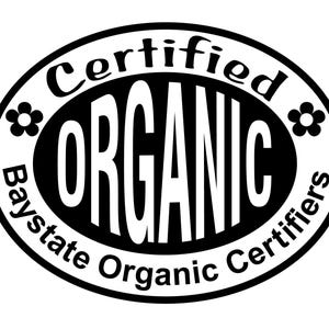 May include: Black and white logo with the text "Certified Organic Baystate Organic Certifiers" and a stylized flower on each side.
