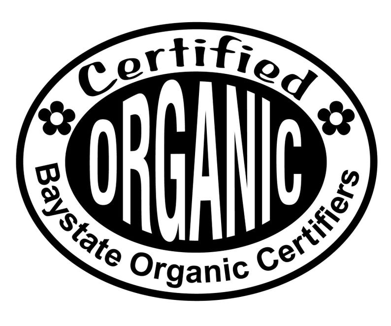 May include: Black and white logo with the text "Certified Organic Baystate Organic Certifiers" and a stylized flower on each side.