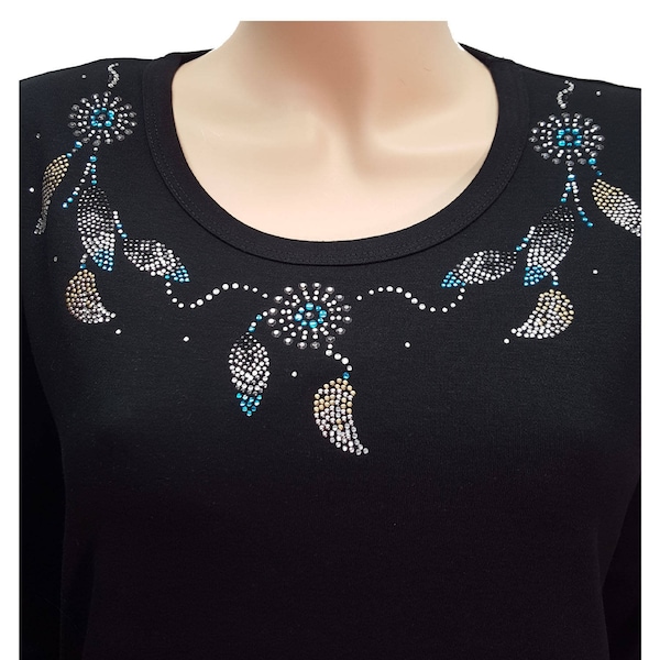 Feathers and Conchos Native American Bling Shirt with Rhinestone Embellishment. Combed cotton poly blend.