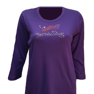 Red Hat Society fashion t-shirt rhinestone flair. Pretty design on purple cotton poly shirt.