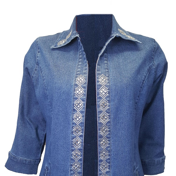 Blue denim jacket duster with rhinestone and metal embellishment. XL