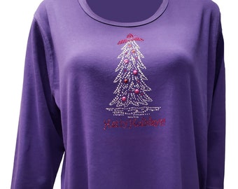 Hatty Holidays RHS shirt with christmas tree bling. Purple poly cotton with scoop neck.