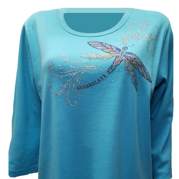 Dragonfly Bling Aqua Scoop Neck Shirt with Rhinestone and Metal Stud Embellishment.