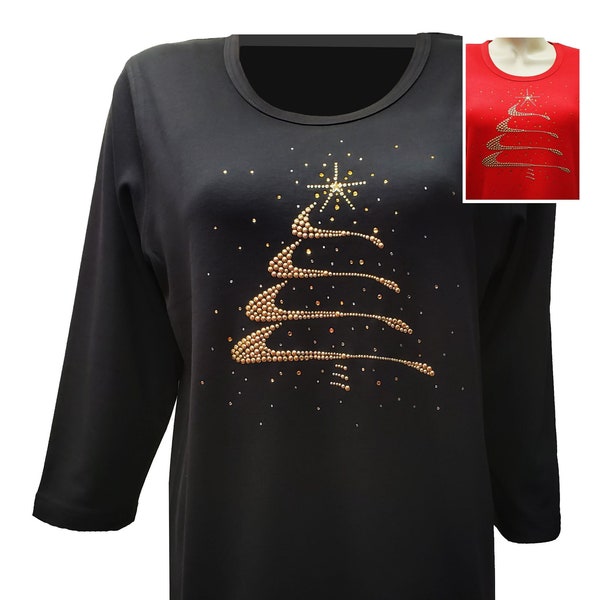 Christmas Tree Gold Swirl Design Bling Red or Black Shirt. Rhinestone and Rhinestud Embellished top.