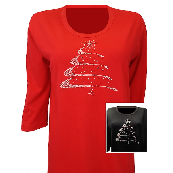 Christmas Tree Silver Swirl Design Bling Shirt. Rhinestone and Rhinestud Embellished Red or Black