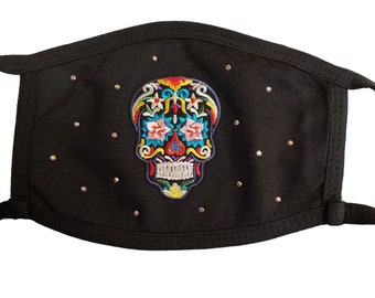 Sugar Skull embroidered mask with rhinestones and double layer protection. black or white