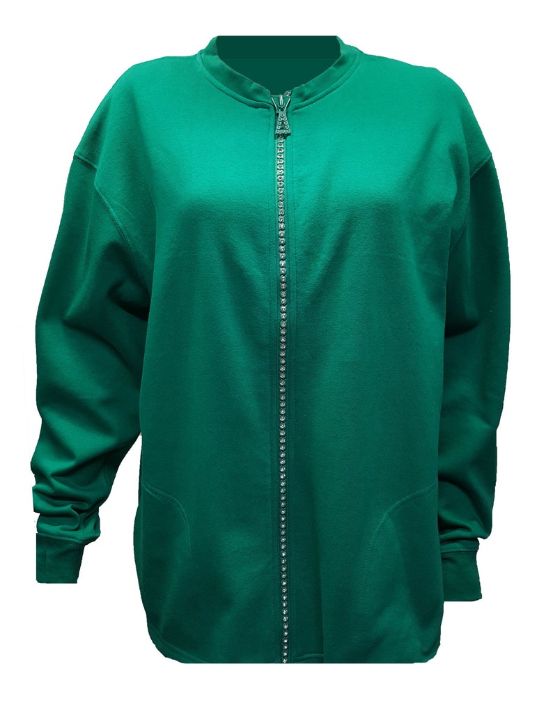 Mrs Claus Green Fleece Lined Cardigan Sweater with Crystal Zipper.