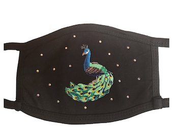 Peacock embroidered black mask with rhinestones and double layer protection