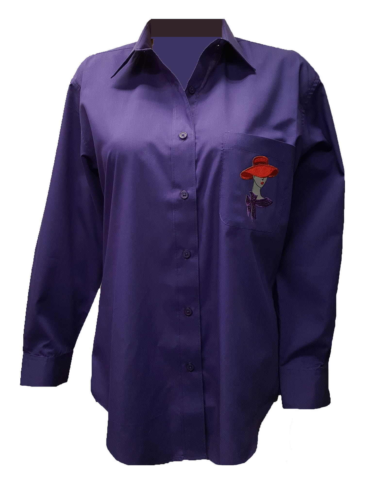 Dark Skin Sequin Lady on pocket of Red Hat Society purple button up