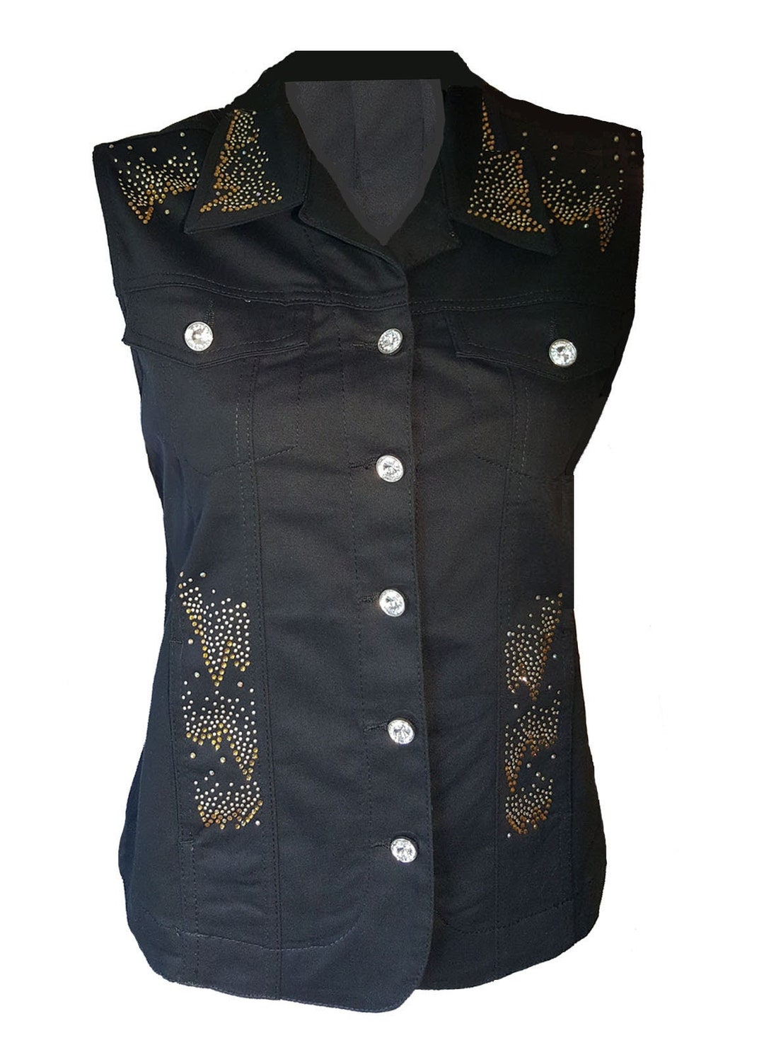 Black Denim Vest With Bling Gold Crystal Designs and Rhinestone Buttons ...