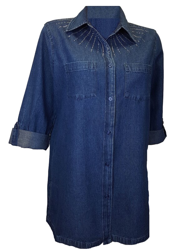 Blue Denim Bling Tunic Shirt With Rhinestone Embellished - Etsy