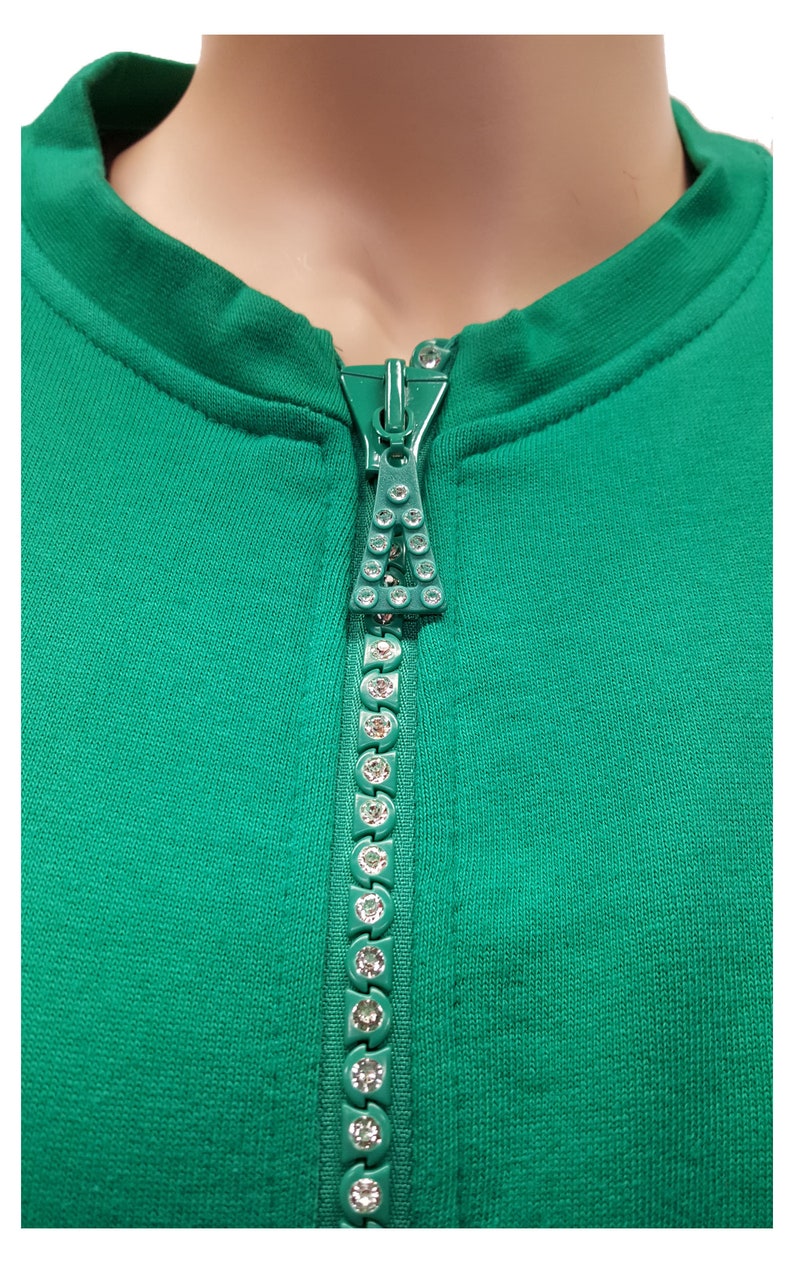 Mrs Claus Green Fleece Lined Cardigan Sweater with Crystal Zipper.