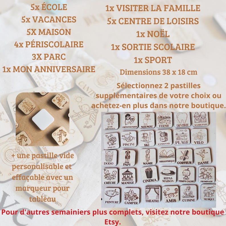 Pu&ograve; includere: Gettoni in legno con varie illustrazioni, tra cui una scuola, una casa, un parco, una famiglia, un albero di Natale, una palla da sport e una torta di compleanno. I gettoni misurano 38 cm per 18 cm e sono progettati per un calendario o un'agenda. Il testo sull'immagine dice "Seleziona 2 gettoni aggiuntivi a tua scelta o acquistane altri nel nostro negozio."