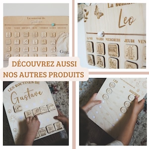 Pu&ograve; includere: Calendario in legno con i giorni della settimana e una sezione separata per le routine quotidiane. Il calendario &egrave; personalizzato con il nome "Gustave" e presenta illustrazioni di attivit&agrave; come "Bagno", "Dodo" e "Mangiare".