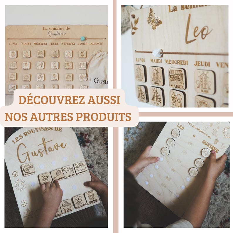 Pu&ograve; includere: Calendario in legno con i giorni della settimana e una sezione separata per le routine quotidiane. Il calendario &egrave; personalizzato con il nome "Gustave" e presenta illustrazioni di attivit&agrave; come "Bagno", "Dodo" e "Mangiare".