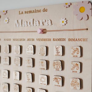 Pu&ograve; includere: Un calendario settimanale in legno con il nome "Madara" in alto. Il calendario ha i giorni della settimana in francese: Mardi, Mercredi, Jeudi, Vendredi, Samedi, Dimanche. Ogni giorno ha un piccolo quadrato di legno con un'immagine di un'attivit&agrave; quotidiana, come la scuola, il compleanno, il gioco e la mensa.
