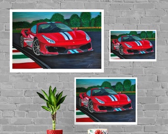 Ferrari 488 Pista Print, Home Decor Wall Art, Automotive Decor, Fine Art, Art Deco Print, Car Art, Car Poster, Printable Car Vehicle, Him