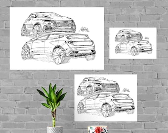 Audi Sketch Print, Home Decor Wall Art, Automotive Decor, Fine Art Print, Art Deco Print, Car Art, Car Poster, Printable Car Vehicle Gift