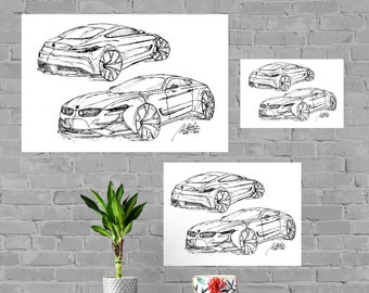 BMW Sketch Print, Home Decor Wall Art, Automotive Decor, Fine Art Print, Art Deco Print, Car Art, Car Poster, Printable Vehicle Gift Him