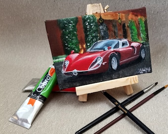 Small Alfa Painting With Easel, Realistic Original Car Painting, Original Miniature Car Canvas Painting, Mini Canvas Painting With Easel New