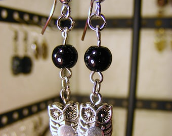 Owl and Black bead earring