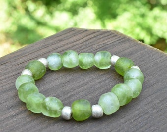 Green Recycled Glass Beads from Ghana with Ethiopian White Metal Beads!!!  Stretch Bracelet