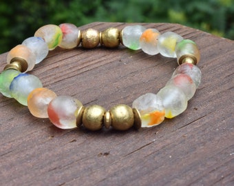 Colorful Recycled Glass Beads & Brass Beads !  Stretch Bracelet