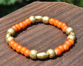 Vintage Style Orange Glass Beads & Ethiopian Brass Beads Stretch Bracelet