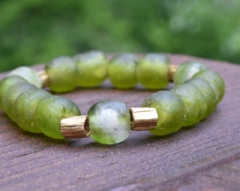 Handmade Jewelry, Bracelet , Lime Green, Green Swirled Recycled Glass, Ghana, Ethiopian Brass Scratch beads, Absolutely Stunning!!!