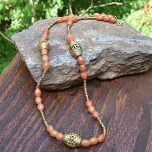 Orange Aventurine Beads with Brass Beads from Ghana.  Handmade Long Necklace