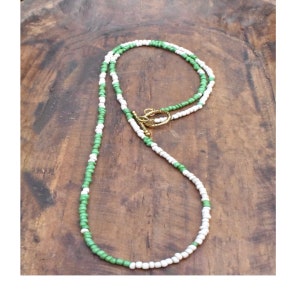 Vintage Style Green and Cream Colored Glass Beads.  Long Bohemian Necklace