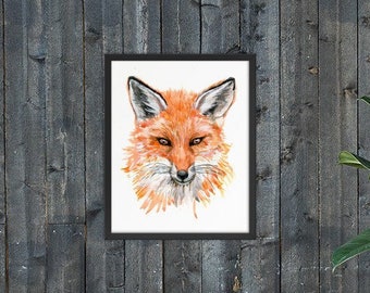 Cabeza de zorro, ilustración en acuarela. Póster enmarcado.