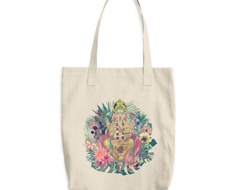 Bolsa de algodón con estampado vintage de acuarela dibujado a mano de Ganesha, flores, hojas y plumas.