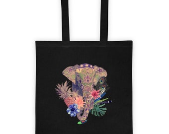 Bolsa de mano con estampado vintage de elefante indio, hojas, flores y plumas dibujado a mano en acuarela.