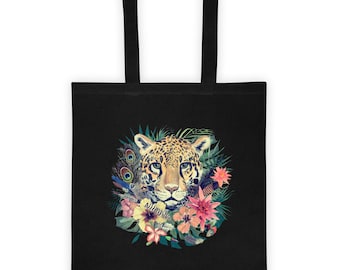 Bolsa de mano con estampado vintage de acuarela dibujado a mano de cabeza de leopardo, flores, hojas y plumas.