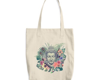 Bolsa de algodón con estampado vintage de acuarela dibujado a mano de cabeza de Buda, flores, plumas y hojas.