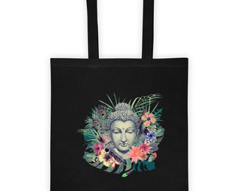 Bolsa de mano con estampado de estilo vintage en acuarela dibujado a mano de cabeza de Buda, flores y plumas.